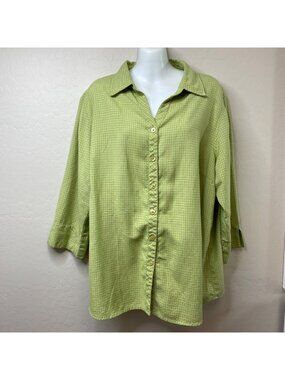 Dressbarn Womens Button-Up Shirt Plaid Lime Green 3/4 Sleeve Rayon Size 18/20